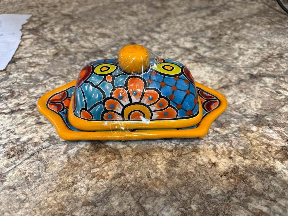 Hand-Painted Mexican Talavera Ceramic Butter Dish with Lid